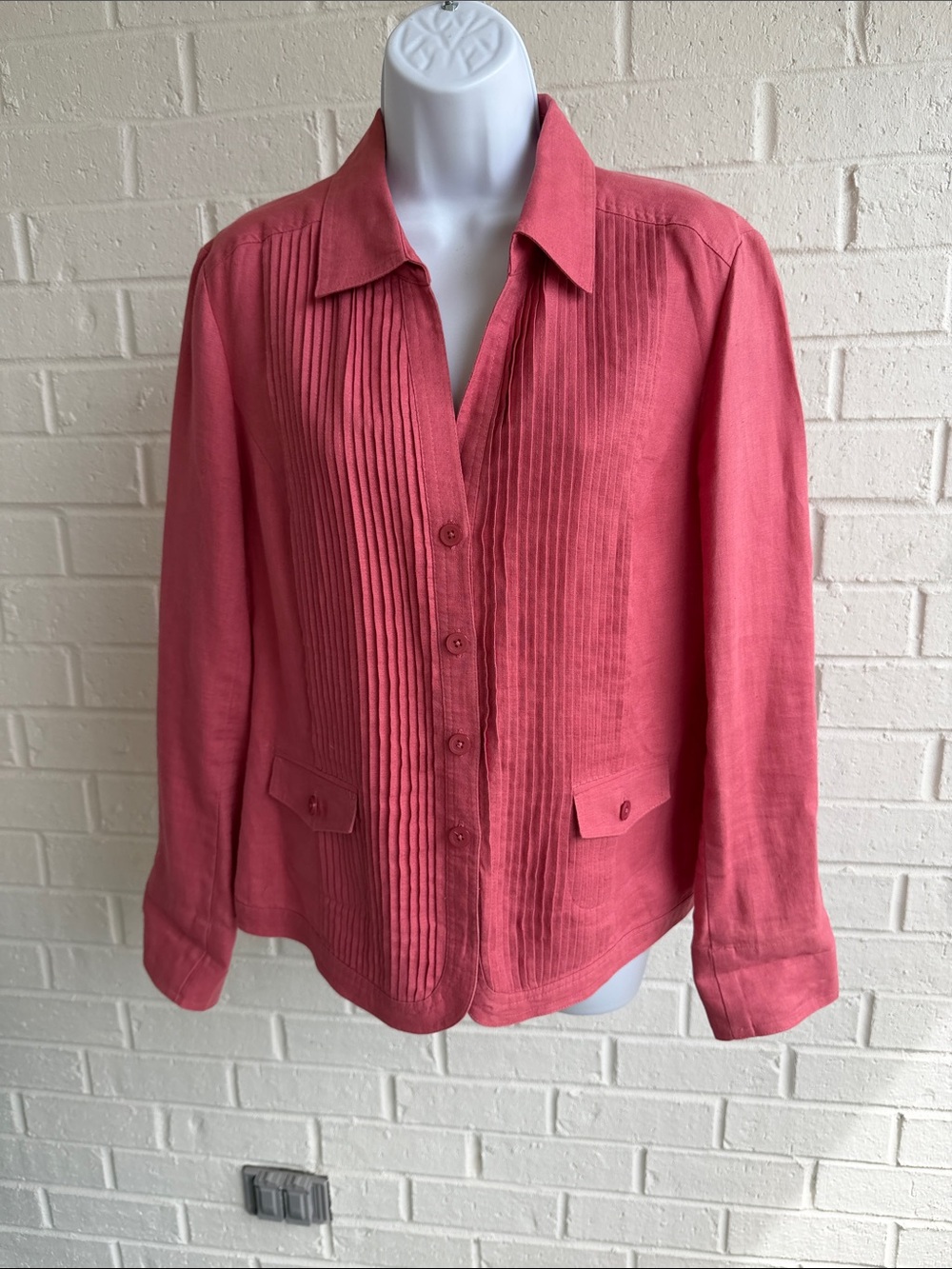 Jones New York Coral All Linen Pintuck Blazer/Blouse Button Front Sz 12 Like New